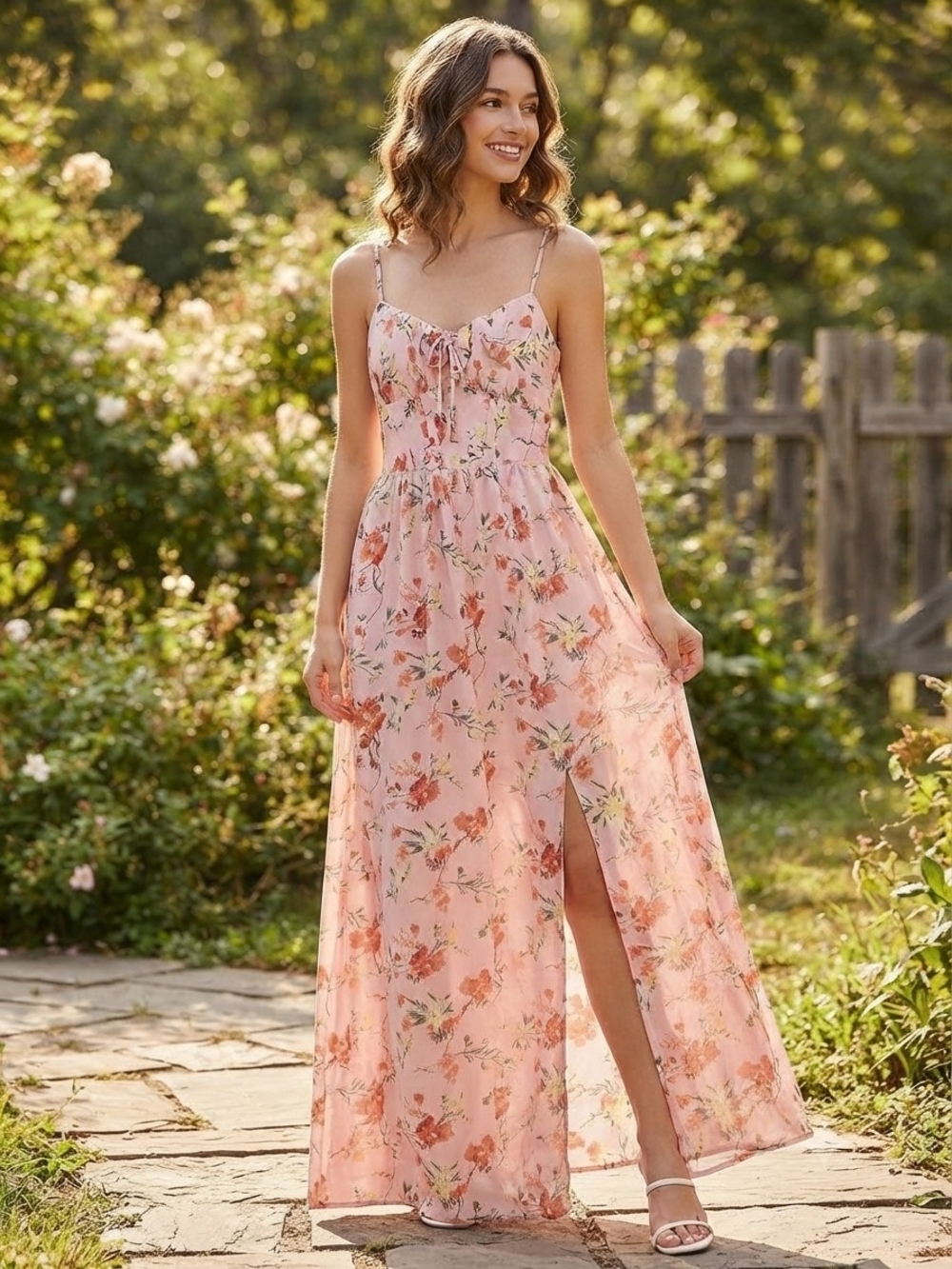 Inspired Hearts Pink Floral Sweetheart Slit Maxi Dress Small